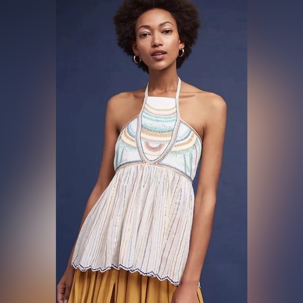 Anthropologie Floreat Itzel Boho Embroidered Halter Top Shimmer Stripes Tassels